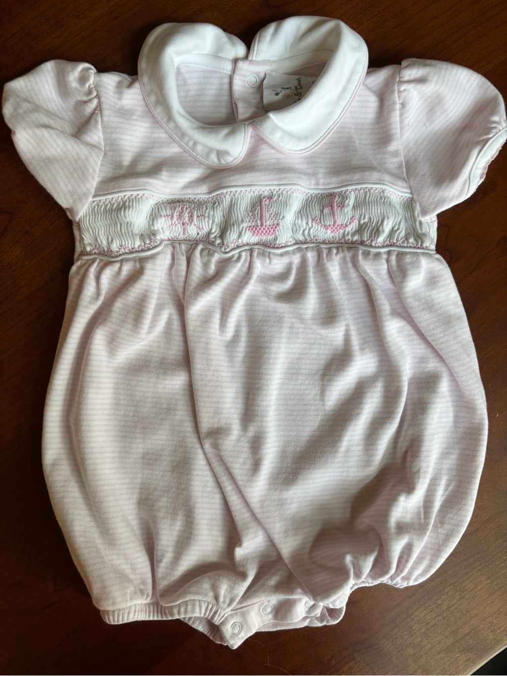 Baby Girls Pink Smocked Bubble Romper with Peter Pan Collar